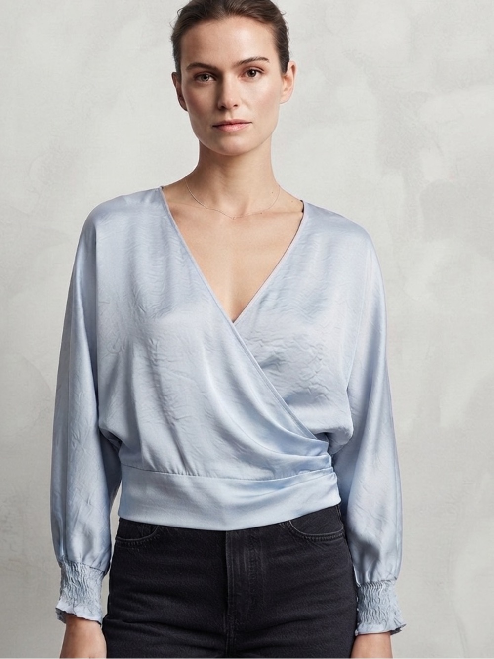 Babaton NWOT Soft Light Blue V Neck Wrap Top Size XS